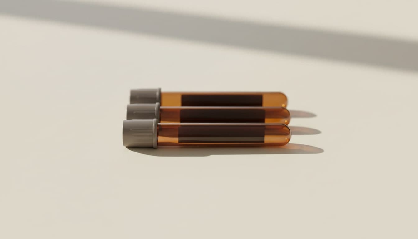 Amber blood-collection tubes arranged on a clean surface.