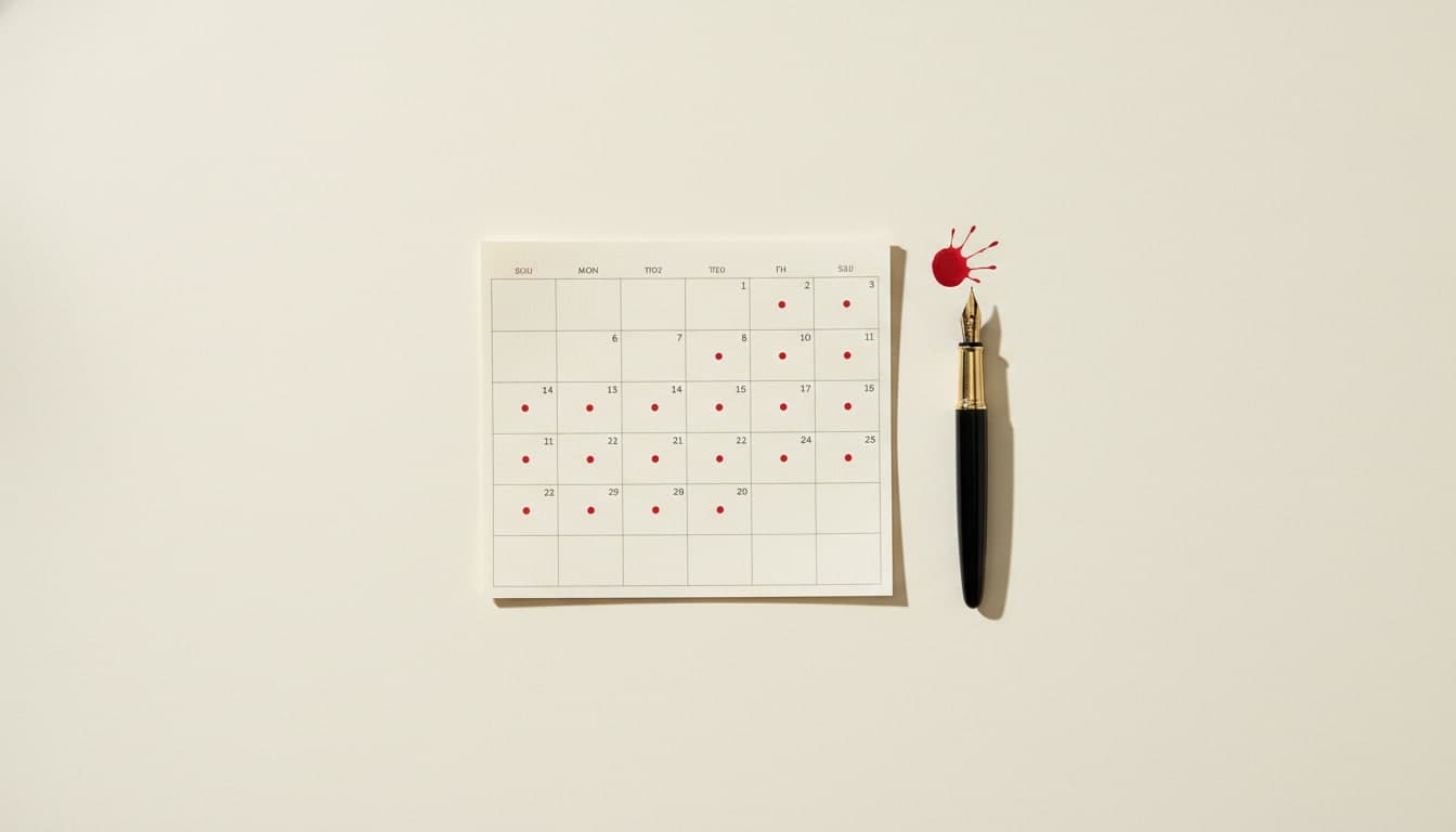Overhead view of a paper calendar with red dots marking dose days.