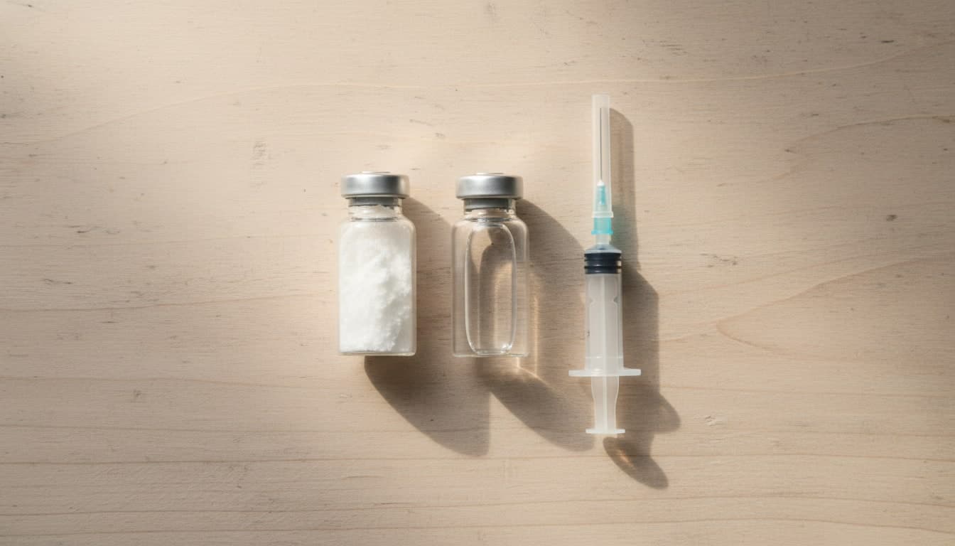Editorial flat-lay of a peptide vial, bacteriostatic water vial, and an insulin syringe.