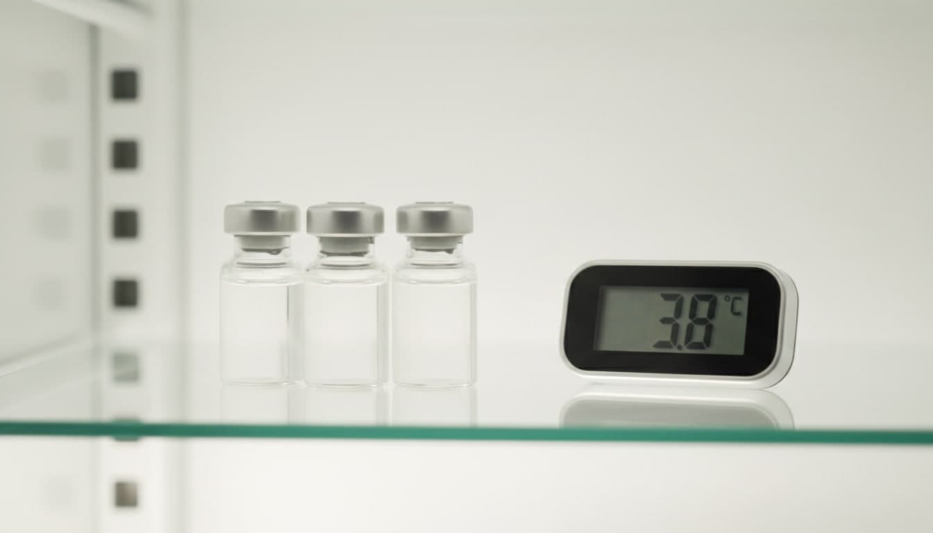 Three peptide vials stored in a refrigerator with a thermometer.